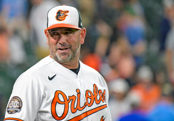 Baltimore Orioles manager Brandon Hyde in action during the Los Angeles Angels game versus the Baltimore Orioles on July 7, 2022 at Orioles Park at...