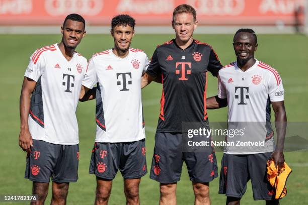 Ryan Gravenberch, Noussair Mazraoui, Julian Nagelsman and Sadio Mané during a training session of FC Bayern München at Saebener Strasse training...