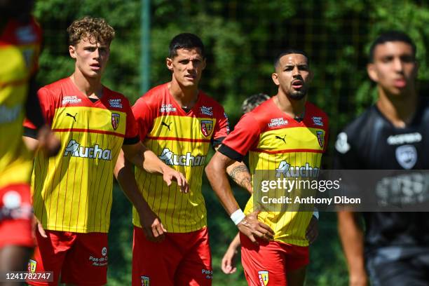 Adrien LOUVEAU of RC Lens and Florian SOTOCA of Rc Lens and Wesley SAID of Rc Lens during the friendly match between Lens and Valenciennes on July 8,...