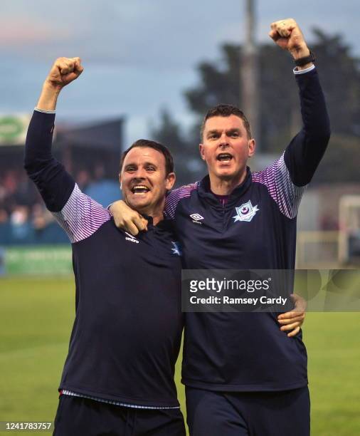 Louth , Ireland - 8 July 2022; Drogheda United manager Kevin Doherty, right, with assistant manager Daire Doyle after their victory in the SSE...