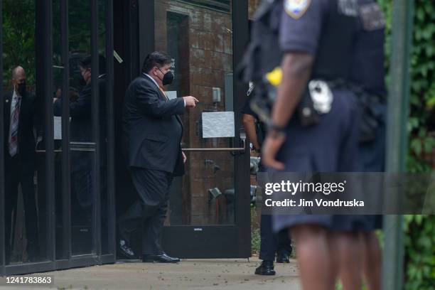 Illinois Governor J.B. Pritzker leaves a funeral service for Highland Park shooting victim Stephen Straus outside the Jewish Reconstructionist...