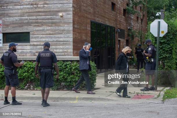 Mourners leave a funeral service for Highland Park shooting victim Stephen Straus outside the Jewish Reconstructionist Congregation Synagogue in...