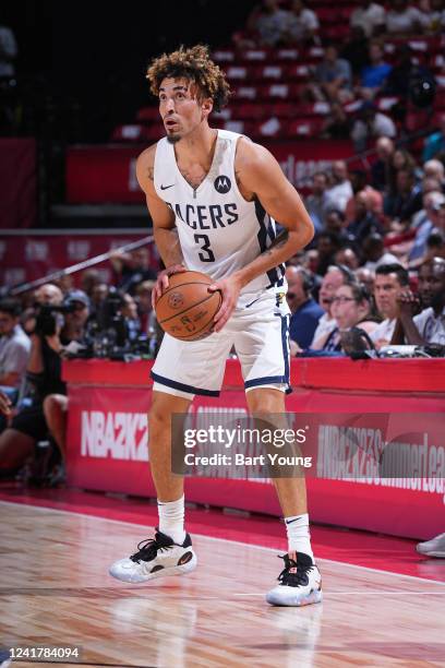 Chris Duarte of the Indiana Pacers handles the ball against the Charlotte Hornets during the 2022 Las Vegas Summer League on July 8, 2022 at the...