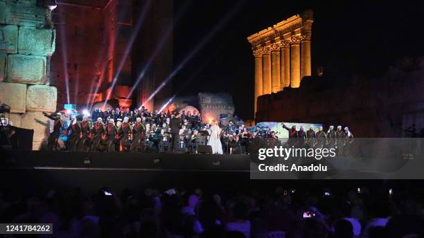 Lebanese singer Soumaya Baalbaki perform during International Baalbek Music Festival at Temple of Bacchus in Baalbek, Lebanon on July 8, 2022.