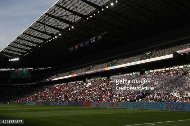 General view of Stadium MK with sections of the stands left empty and a message on the advertising boards advertising tickets during the UEFA Women's...