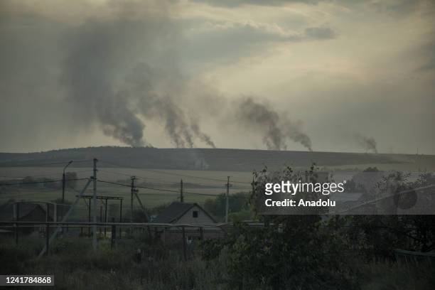 Smoke rises from battlefield nearby Siversk, Ukraine, July 08th, 2022.
