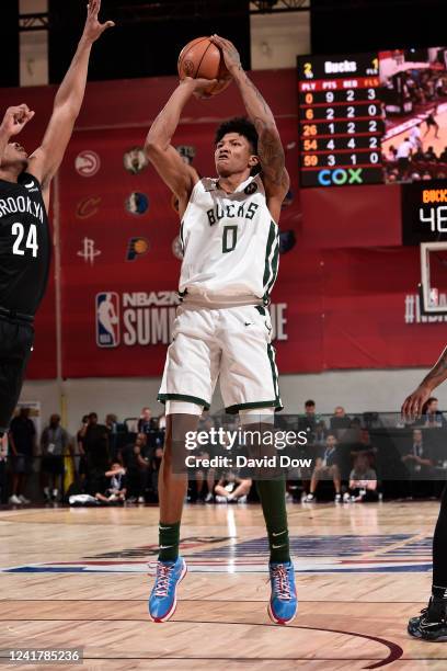 MarJon Beauchamp of the Milwaukee Bucks shoots the ball during the game against the Brooklyn Nets during the 2022 Las Vegas Summer League on July 7,...