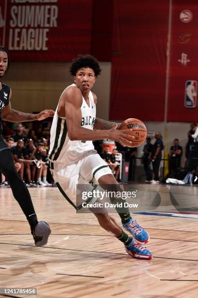 MarJon Beauchamp of the Milwaukee Bucks drives to the basket during the game against the Brooklyn Nets during the 2022 Las Vegas Summer League on...