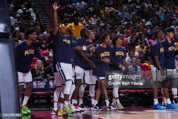 The Indiana Pacers celebrate against the Charlotte Hornets during the 2022 Las Vegas Summer League on July 8, 2022 at the Thomas & Mack Center in Las...