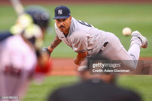 Nestor Cortes of the New York Yankees pitches in the first inning of a game against the Boston Red Sox at Fenway Park on July 8, 2022 in Boston,...