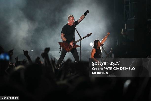 James Hetfield , lead singer, and Robert Trujillo , bass guitarist of American band Metallica, perform at the 2022 Alive Festival in Oeiras, on the...