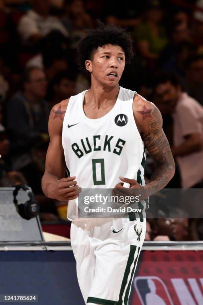 MarJon Beauchamp of the Milwaukee Bucks looks on during the game against the Brooklyn Nets during the 2022 Las Vegas Summer League on July 7, 2022 at...