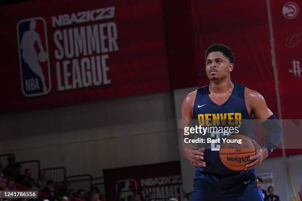 Matt Mitchell of the Denver Nuggets shoots a free throw against the Minnesota Timberwolves during the 2022 Las Vegas Summer League on July 8, 2022 at...