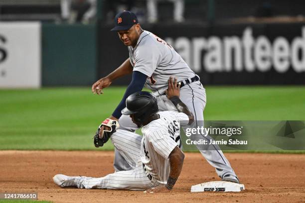 Tim Anderson of the Chicago White Sox is tagged out at second base by Jonathan Schoop of the Detroit Tigers after overrunning the base in the fifth...