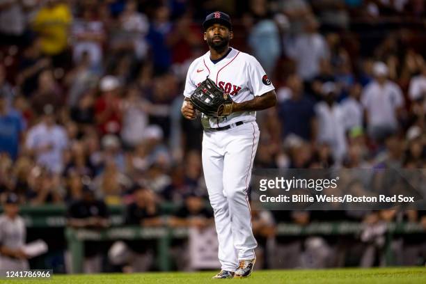 Jackie Bradley Jr. Of the Boston Red Sox reacts as he pitches during the ninth inning of a game against the New York Yankees on July 8, 2022 at...