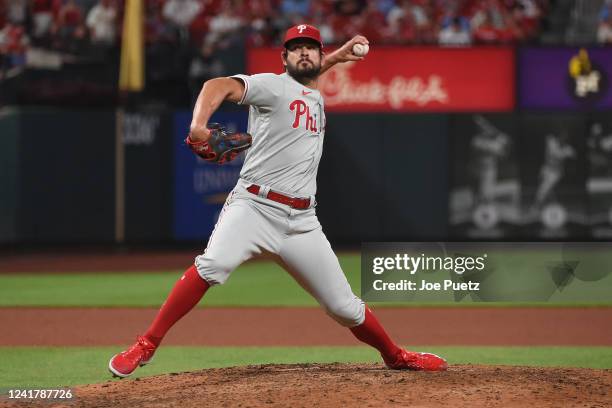 Brad Hand of the Philadelphia Phillies pitches against the St. Louis Cardinals during the ninth inning at Busch Stadium on July 8, 2022 in St Louis,...