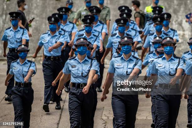 Police Officers marching inside the police collage on July 9, 2022 in Hong Kong, China.