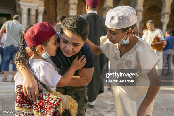Muslims gather to perform Eid al-Adha prayer at Zaytuna Mosque in Tunis, Tunisia on July 09, 2022.