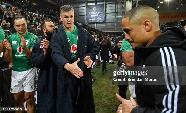 Otago , New Zealand - 9 July 2022; Ireland captain Jonathan Sexton and Aaron Smith of New Zealand after the Steinlager Series match between New...