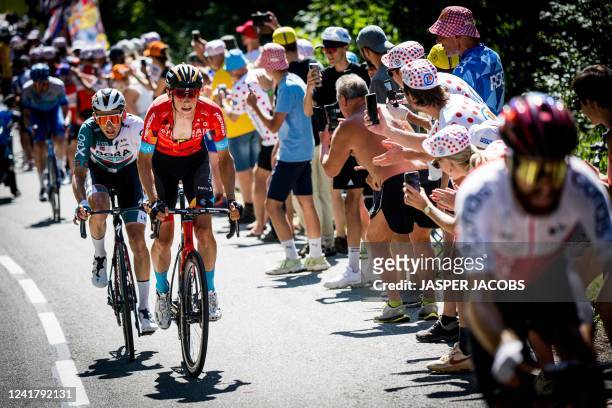German Lennard Kamna of Bora-Hansgrohe and Belgian Dylan Teuns of Bahrain Victorious pictured in action during stage seven of the Tour de France...