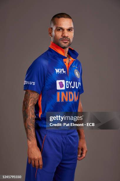 Shikhar Dhawan of India poses during a portrait session at the Hyatt Hotel on July 9, 2022 in Birmingham, England.