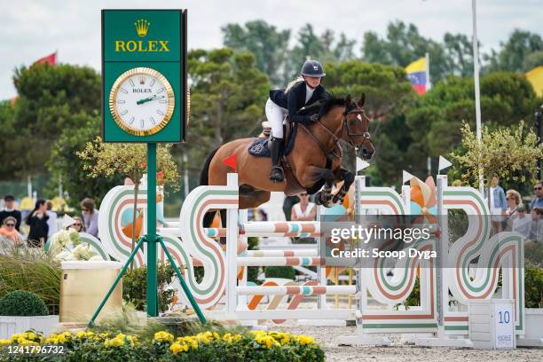 Clara Hallundbaek riding Quimono de La Roque during the Grand Prix EQUIHOME at Knokke Hippique 2022 on July 9, 2022 in Knokke-Heist, Belgium.