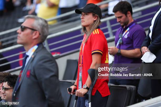 Alexia Putellas of Spain Women on crutches following her ACL injury during the UEFA Women's Euro England 2022 group B match between Spain and Finland...