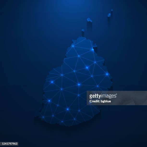 mauritius map network - bright mesh on dark blue background - mauritius stock illustrations