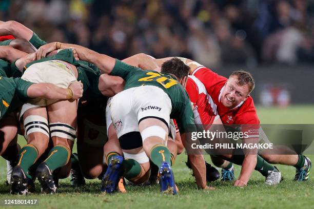 Wales' flanker Tommy Reffell reacts looks at South Africa's Rynhardt Elstadt in a scrum during an international rugby union match between South...