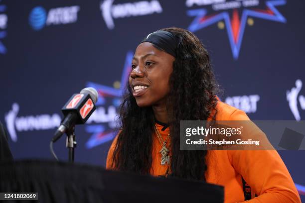 Arike Ogunbowale of the Dallas Wings talks to the media during the 2022 WNBA All-Star Practice and Media Availability on July 9, 2022 at McCormick...