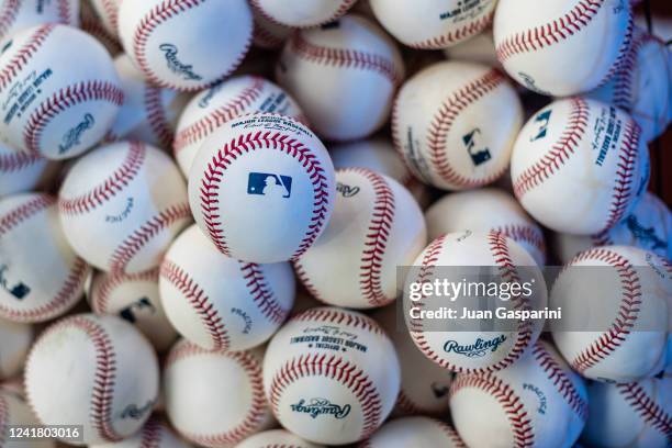 Detailed view of baseballs prior to the FTX MLB Home Run Derby X at Crystal Palace Park on Saturday, July 9, 2022 in London, England.