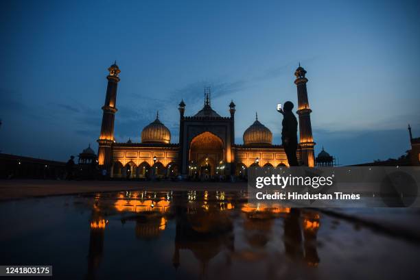 View of Jama Masjid illuminated on the eve of Eid-al-Adha festival, on July 9, 2022 in New Delhi, India. Eid-ul-Adha is the second most major...