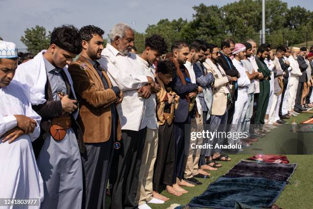 Muslims perform the Eid Al-Adha prayer on a field in Brooklyn, NY, United States on July 09, 2022. Eid al-Adha, also called as Feast of the...