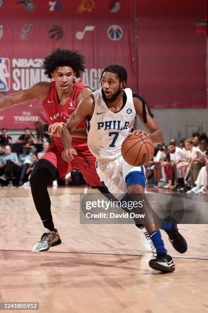 Isaiah Joe of the Philadelphia 76ers drives to the basket during the game against the Toronto Raptors during the 2022 NBA Summer League on July 9,...