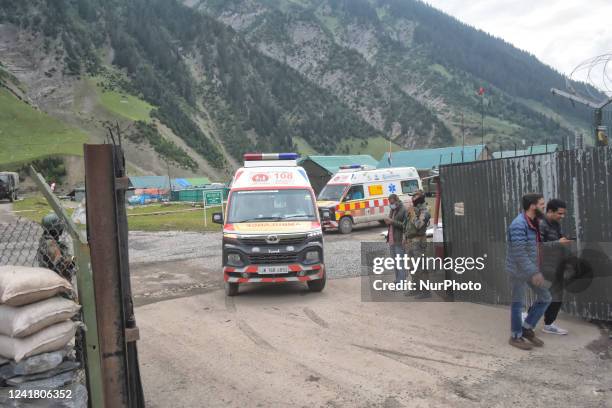 Ambulance ferries injured devotees after a cloud burst hit near the Amarnath pilgrimage site leaving 16 dead and many injured in Baltal area...