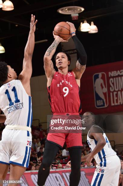 Wilson of the Toronto Raptors shoots the ball during the game against the Philadelphia 76ers during the 2022 NBA Summer League on July 9, 2022 at the...