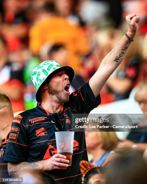 Castleford Tigers fan celebrates Bureta Faraimo of Castleford Tigers try to make it 10-6 during the Betfred Super League Magic Weekend match between...