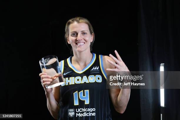 Allie Quigley of the Chicago Sky poses for a photo after winning the 2022 WNBA MTN DEW 3-Pt Contest as part of the 2022 WNBA All-Star Weekend on July...