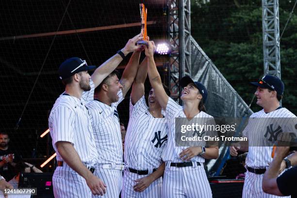 The New York Yankees team celebrate winning the first leg of the HRDX during the FTX MLB Home Run Derby X at Crystal Palace Park on Saturday, July 9,...