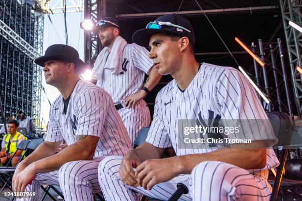 Legend Nick Swisher and Wild Card Daniel Corral of the New York Yankees on stage during the FTX MLB Home Run Derby X at Crystal Palace Park on...