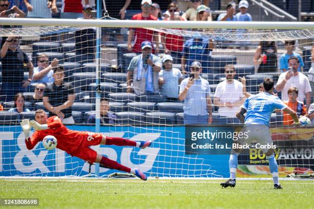 Valentín Castellanos of New York City FC has his penalty shot blocked by Djordje Petrovic of New England Revolution in the first half of the Major...