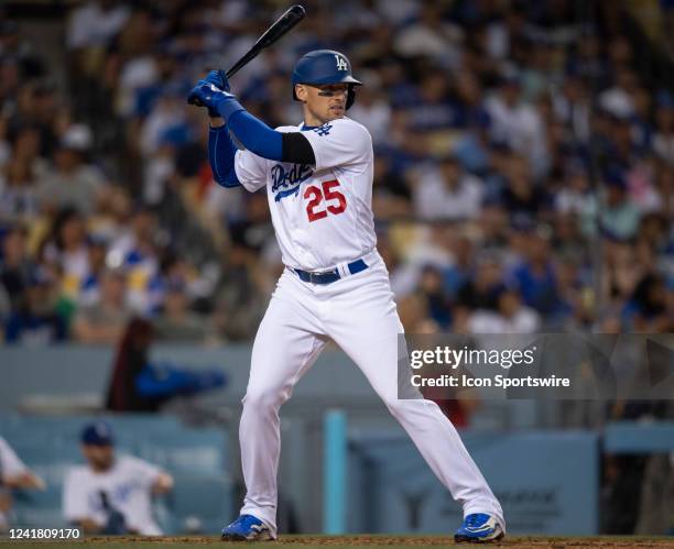 Los Angeles Dodgers Trayce Thompson at bat against the Chicago Cubs at Dodger Stadium on July 7, 2022 in Los Angeles, CA.