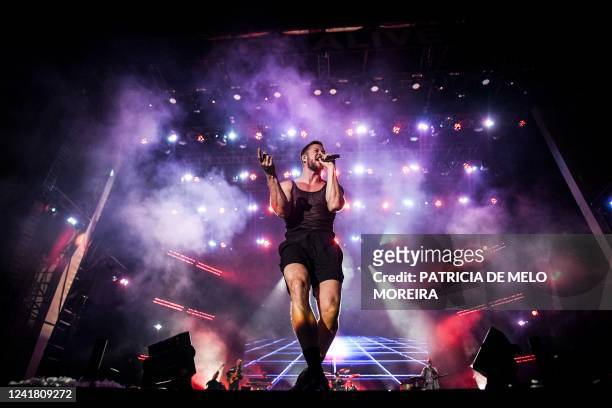 Dan Reynolds, lead singer from the American band Imagine Dragons, performs during the 2022 Alive Festival in Oeiras, on the outskirts of Lisbon, on...