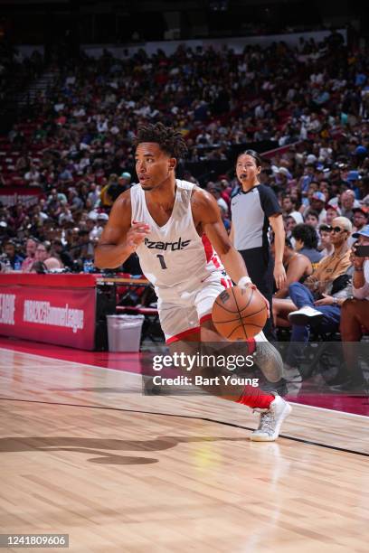 Las Vegas, NV Devon Dotson of the Washington Wizards drives to the basket during the game against the Detroit Pistons during the 2022 Las Vegas...