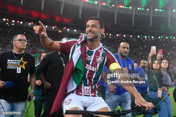Fred of Fluminense rides a bike during the celebrations for his retirement after a match between Fluminense and Ceara as part of Brasileirao 2022 at...