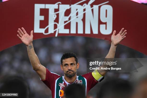 Fred of Fluminense waves to the fans during the celebrations for his retirement after a match between Fluminense and Ceara as part of Brasileirao...