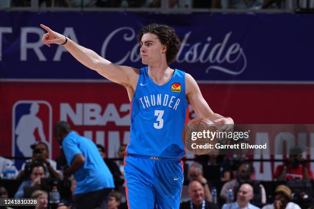 Josh Giddey of the Oklahoma City Thunder points during the game during the game against the Houston Rockets during the 2022 Las Vegas Summer League...