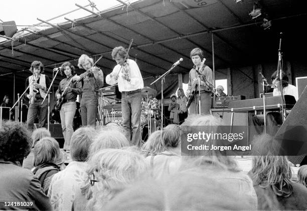 1st JUNE: Swedish group Contact perform live on stage at Roskilde Festival in Denmark in June 1972. Left to Right: Björn Holmsten, Lasse Johansson,...