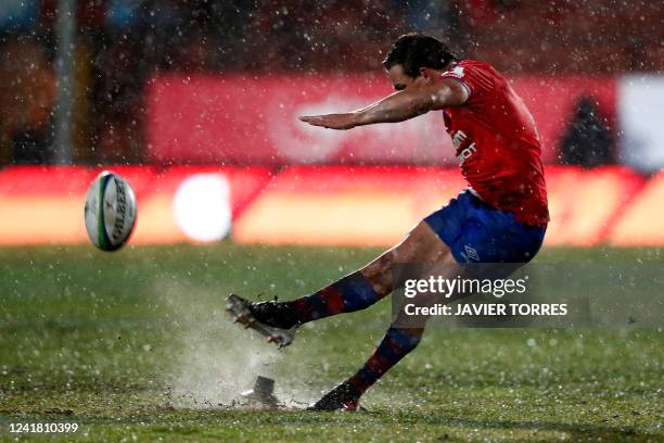 Chile's Santiago Videla kicks the ball during the Rugby World Cup 2023 Americas 2 play-off first leg match between Chile and the US, at the Santa...