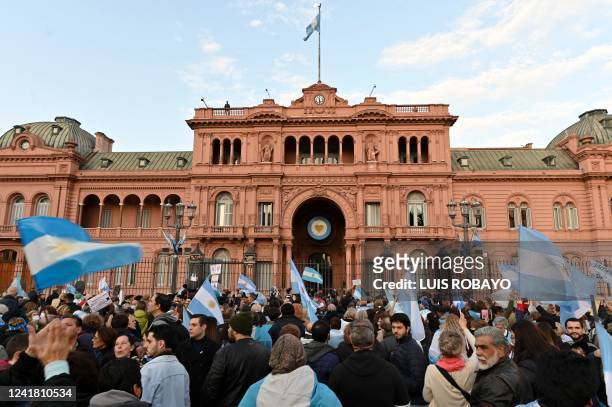 Opponents of the government of Argentina's President Alberto Fernandez hold a protest outside Casa Rosada presidential palace in Buenos Aires, on...